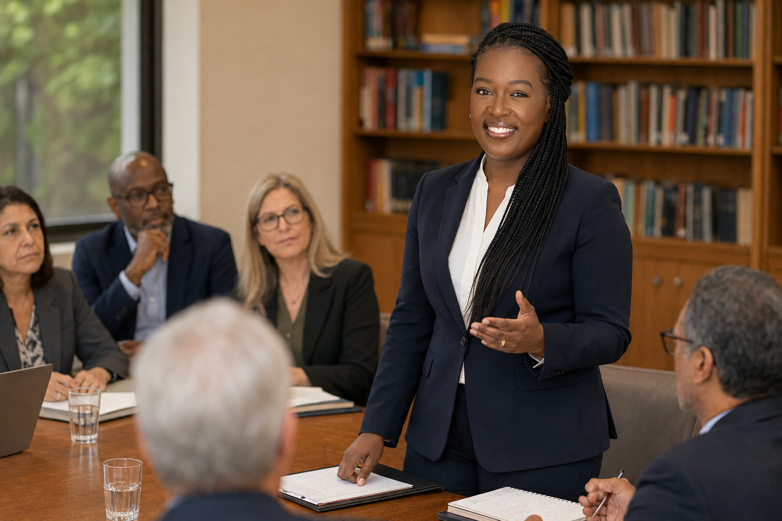 Executive advisor leading a leadership team discussion in a boardroom
